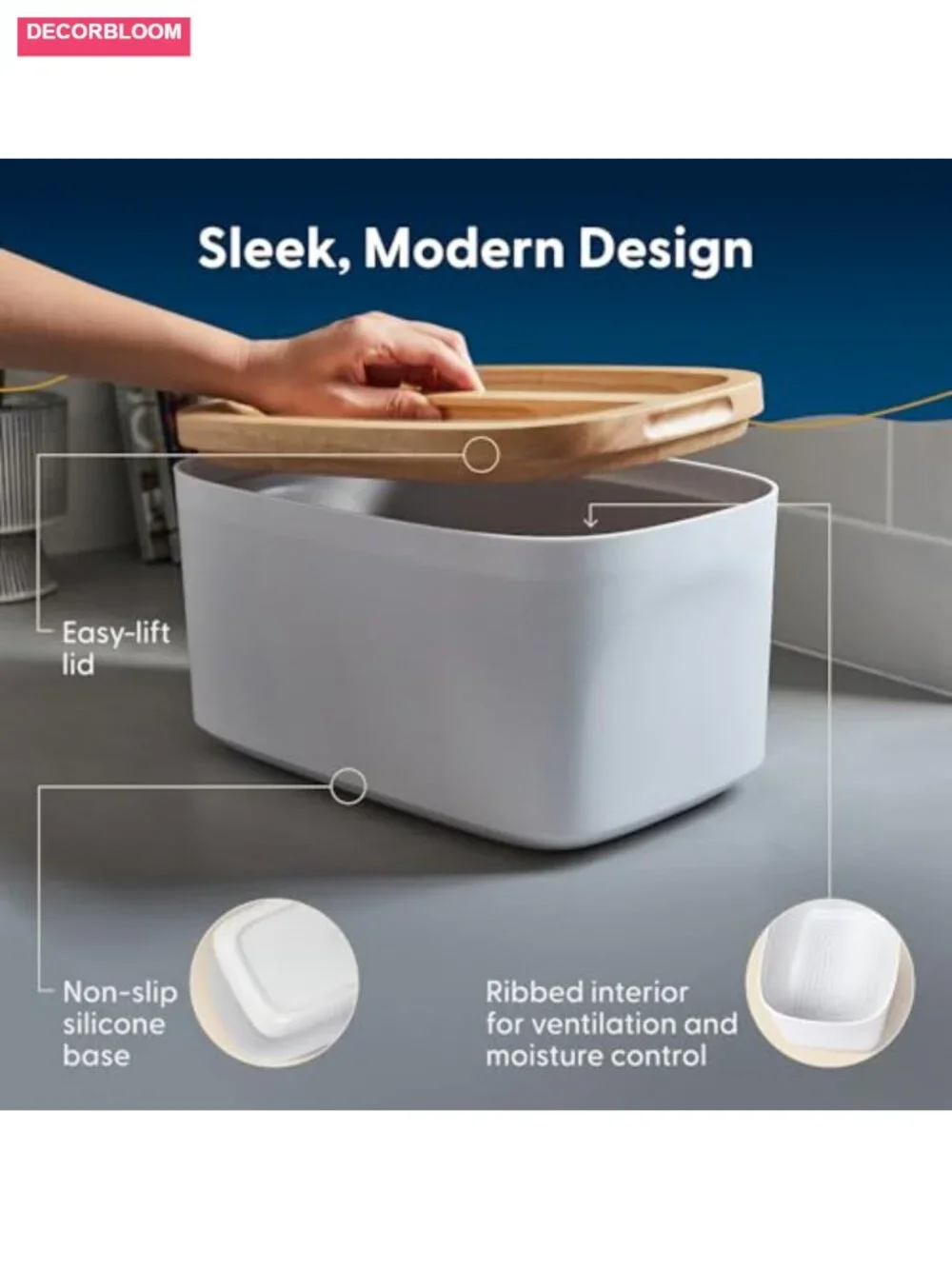 Large Bread Box with Wood Lid Bamboo Fiber Recycled Plastic Kitchen Storage
